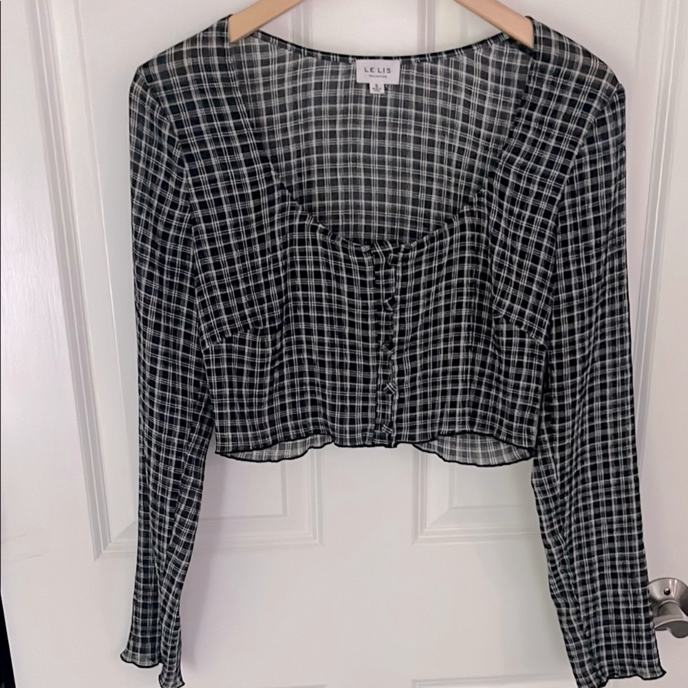 Le Lis Sheer Plaid Cropped Blouse Small
